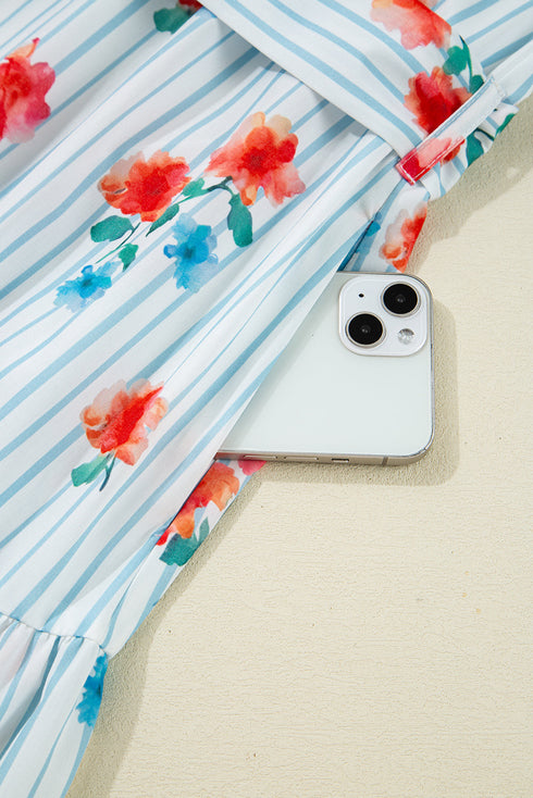 Playful Print Mix Ruffle Sleeve Tie Waist V Neck Mini Dress